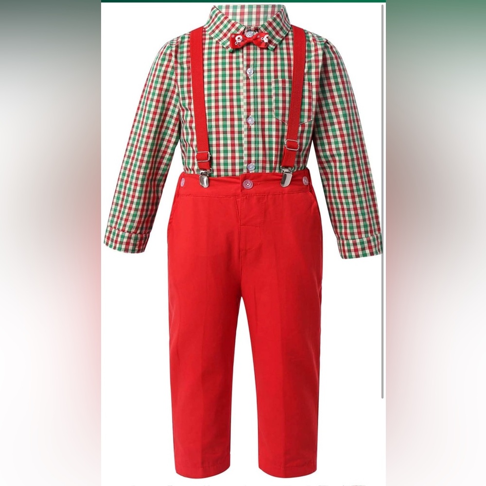 Red Suspender Pants with Plaid Shirt